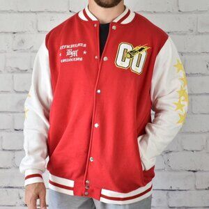 BoohooMAN Plus Cotton Jersey Bomber Varsity Jacket with Patches